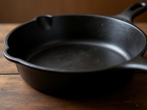 En gammal gjutjärnspanna, skinande och återställd.