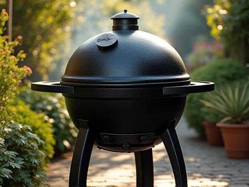 En stor, svart, handsmidd grill i en rustik trädgårdsmiljö.