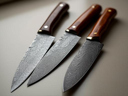 Samling av tre damaskusknivar med olika mönster och trähandtag.